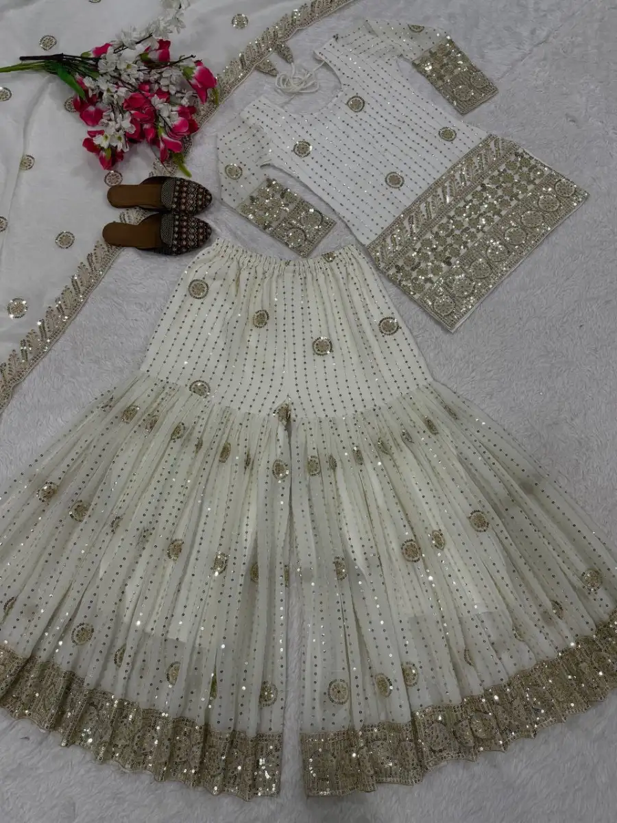 DESIGNER GEORGETTE SILK SEQUENCE AND EMBROIDERY WORK TOP SHARARA WITH DUPATTA WEDDING WEAR WHOLESALE PRICE ETHNIC GARMENT (1)