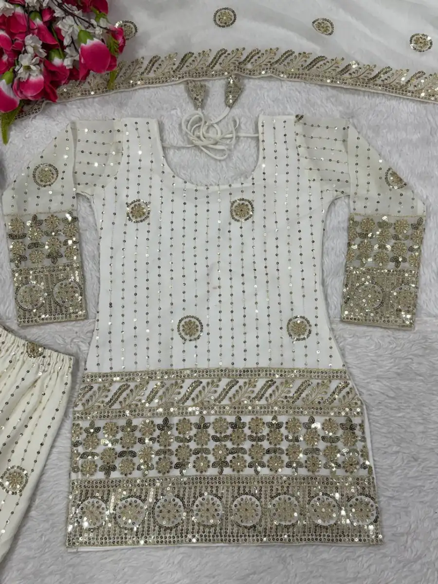 DESIGNER GEORGETTE SILK SEQUENCE AND EMBROIDERY WORK TOP SHARARA WITH DUPATTA WEDDING WEAR WHOLESALE PRICE ETHNIC GARMENT (12)