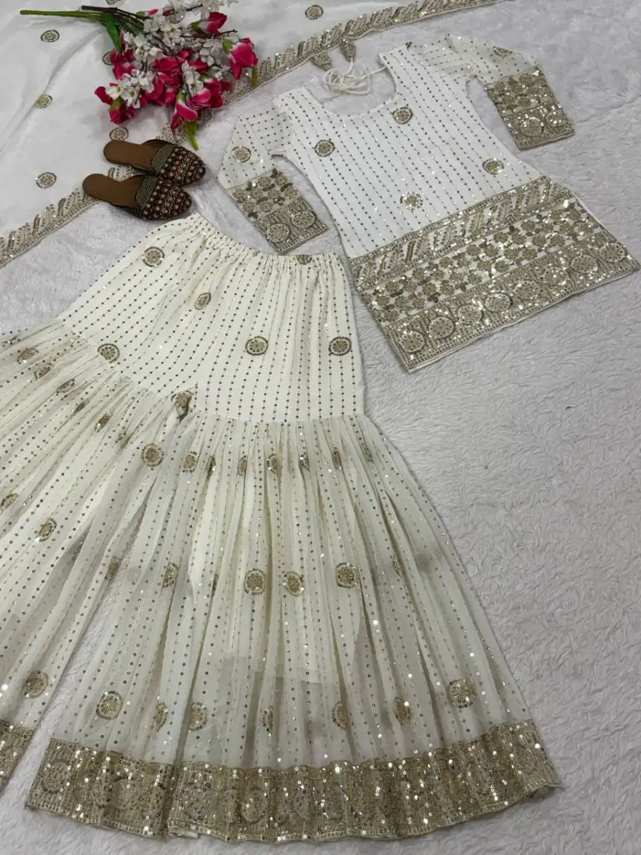 DESIGNER GEORGETTE SILK SEQUENCE AND EMBROIDERY WORK TOP SHARARA WITH DUPATTA WEDDING WEAR WHOLESALE PRICE ETHNIC GARMENT (15)