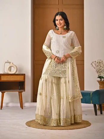 DESIGNER GEORGETTE SILK SEQUENCE AND EMBROIDERY WORK TOP SHARARA WITH DUPATTA OFF WHITE