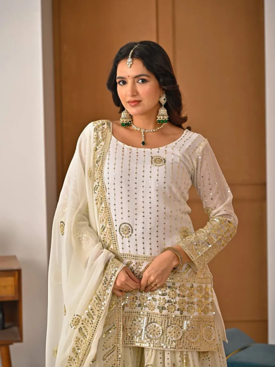DESIGNER GEORGETTE SILK SEQUENCE AND EMBROIDERY WORK TOP SHARARA WITH DUPATTA WEDDING WEAR WHOLESALE PRICE ETHNIC GARMENT (6)