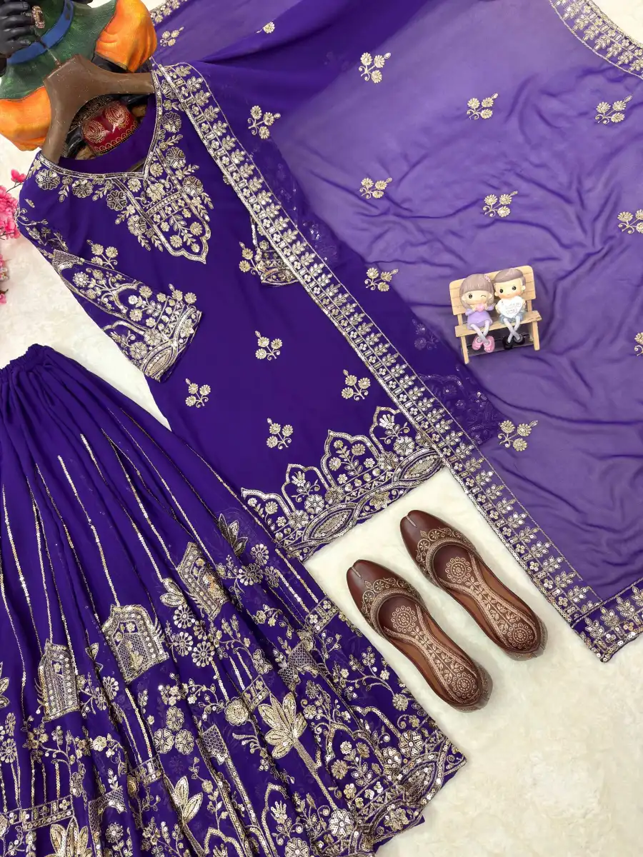 DESIGNER GEORGETTE ZARI & 5MM SEQUENCE EMBROIDERY WORK TOP PALAZZO WITH DUPATTA WEDDING WEAR WHOLESALE PRICE ETHNIC GARMENT (15)