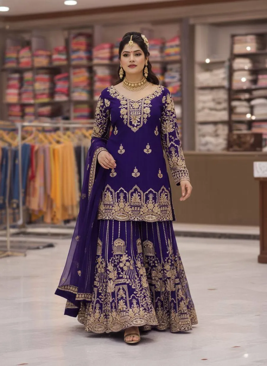 DESIGNER GEORGETTE ZARI & 5MM SEQUENCE EMBROIDERY WORK TOP PALAZZO WITH DUPATTA WEDDING WEAR WHOLESALE PRICE ETHNIC GARMENT (2)