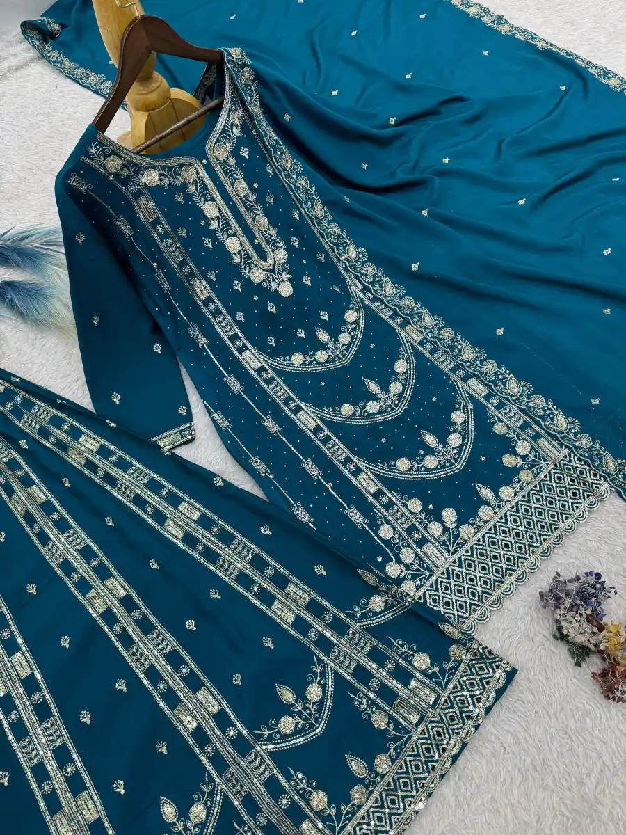 DESIGNER GERMAN CHINON SILK EMBROIDERY SEQUENCE AND JHARKAN WORK TOP PALAZZO WITH DUPATTA FESTIVE WEAR WHOLESALE PRICE ETHNIC GARMENT (14)