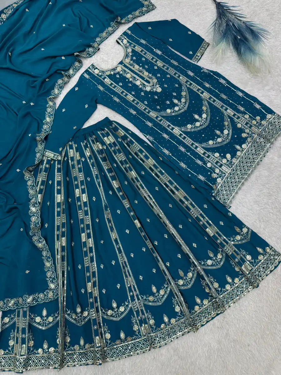 DESIGNER GERMAN CHINON SILK EMBROIDERY SEQUENCE AND JHARKAN WORK TOP PALAZZO WITH DUPATTA FESTIVE WEAR WHOLESALE PRICE ETHNIC GARMENT (15)