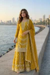 DESIGNER GERMAN CHINON SILK EMBROIDERY SEQUENCE AND JHARKAN WORK TOP PALAZZO WITH DUPATTA YELLOW
