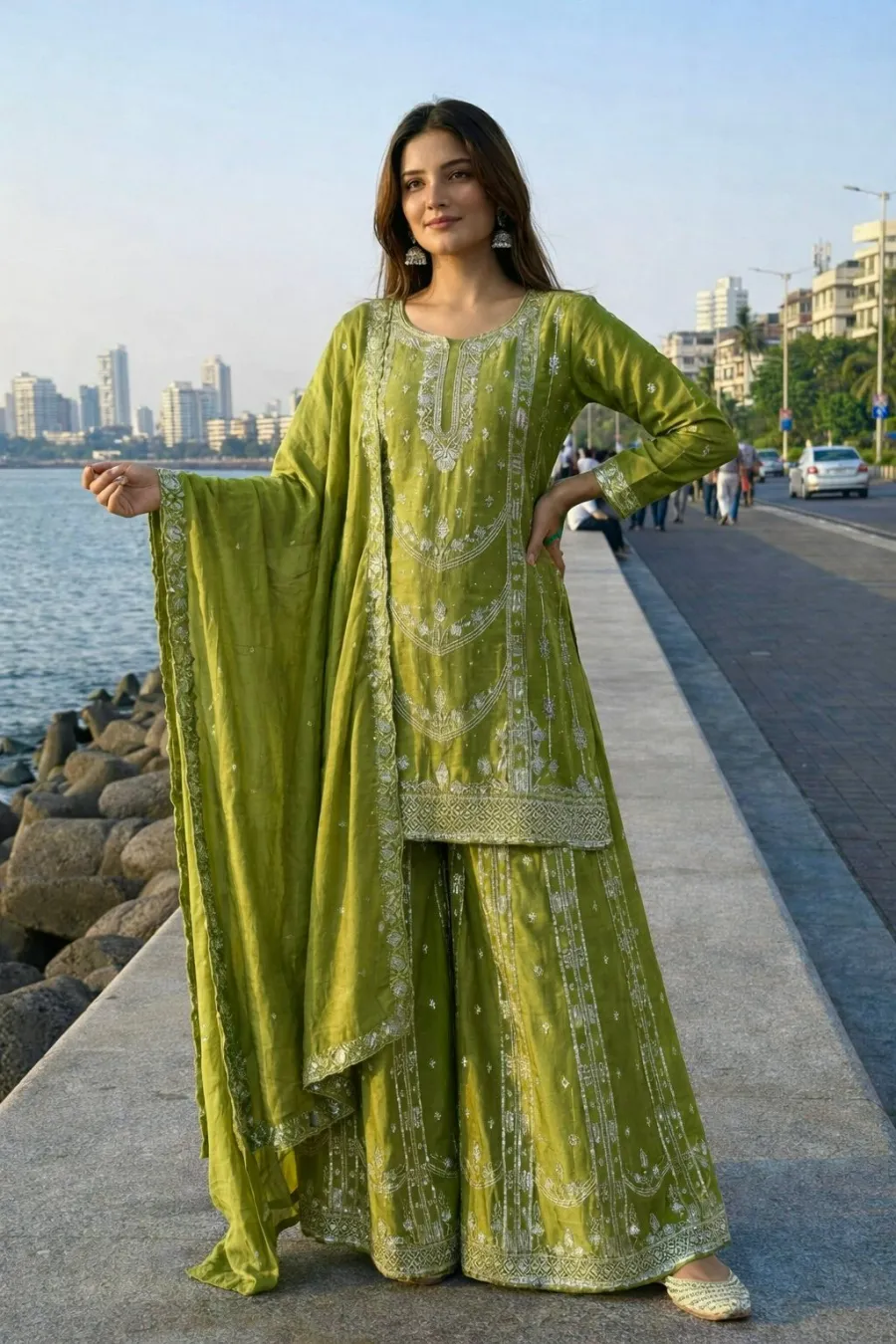 DESIGNER GERMAN CHINON SILK EMBROIDERY SEQUENCE AND JHARKAN WORK TOP PALAZZO WITH DUPATTA FESTIVE WEAR WHOLESALE PRICE ETHNIC GARMENT (3)