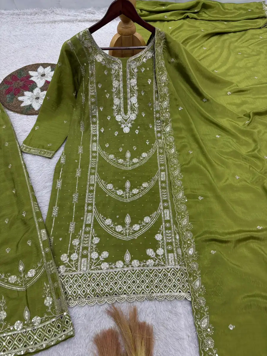 DESIGNER GERMAN CHINON SILK EMBROIDERY SEQUENCE AND JHARKAN WORK TOP PALAZZO WITH DUPATTA FESTIVE WEAR WHOLESALE PRICE ETHNIC GARMENT (5)