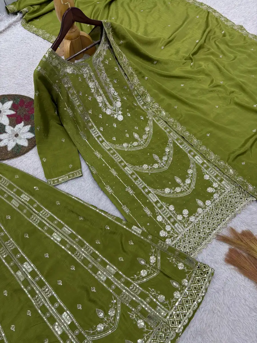 DESIGNER GERMAN CHINON SILK EMBROIDERY SEQUENCE AND JHARKAN WORK TOP PALAZZO WITH DUPATTA FESTIVE WEAR WHOLESALE PRICE ETHNIC GARMENT (6)