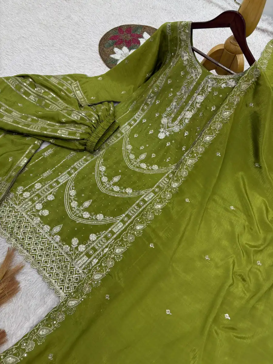 DESIGNER GERMAN CHINON SILK EMBROIDERY SEQUENCE AND JHARKAN WORK TOP PALAZZO WITH DUPATTA FESTIVE WEAR WHOLESALE PRICE ETHNIC GARMENT (7)