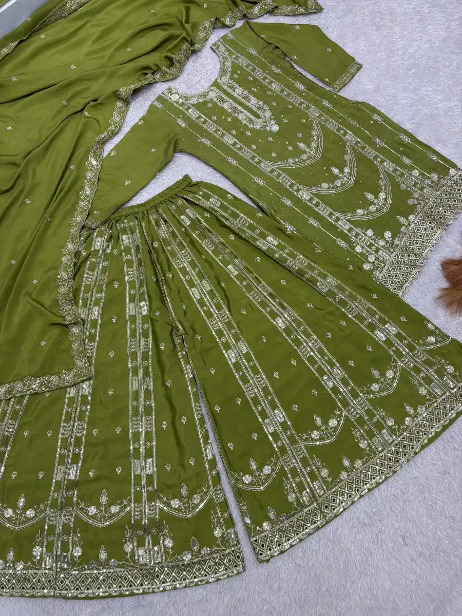 DESIGNER GERMAN CHINON SILK EMBROIDERY SEQUENCE AND JHARKAN WORK TOP PALAZZO WITH DUPATTA FESTIVE WEAR WHOLESALE PRICE ETHNIC GARMENT (8)