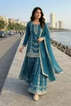 DESIGNER GERMAN CHINON SILK EMBROIDERY SEQUENCE AND JHARKAN WORK TOP PALAZZO WITH DUPATTA RAMA