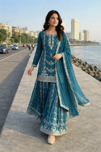 DESIGNER GERMAN CHINON SILK EMBROIDERY SEQUENCE AND JHARKAN WORK TOP PALAZZO WITH DUPATTA RAMA