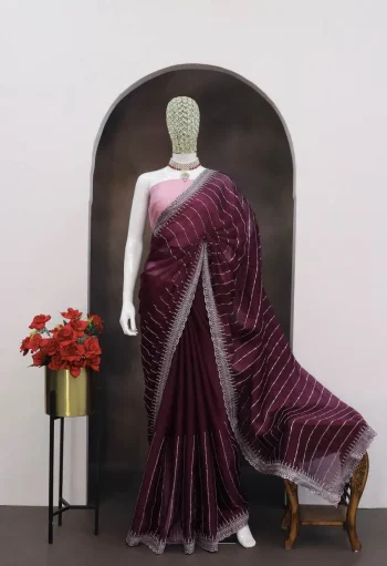 DESIGNER GMY CHIFFON SILK 3MM SEQUENCE WORK SAREE WITH UNSTITCHED BLOUSE WINE