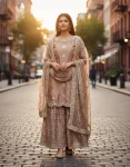 DESIGNER GMY SILK EMBROIDERY 5 MM SEQUENCE WORK TOP SHARARA WITH DUPATTA CHIKU