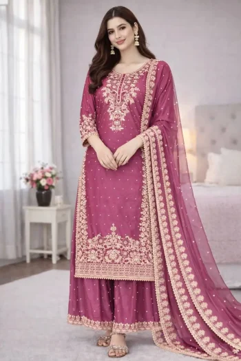 DESIGNER GMY SILK EMBROIDERY CODING SEQUENCE WITH MOTI WORK TOP PALAZZO WITH DUPATTA PINK