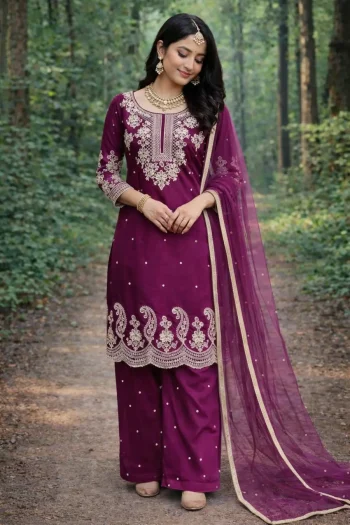 DESIGNER GMY SILK EMBROIDERY CODING WITH SEQUENCE AND CUT WORK TOP PALAZZO WITH DUPATTA WINE