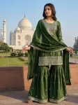 DESIGNER GMY SILK EMBROIDERY SEQUENCE AND REAL MIRROR WORK TOP SHARARA WITH DUPATTA GREEN