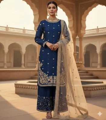 DESIGNER GMY SILK EMBROIDERY  SEQUENCE WITH DIAMOND & MOTI HAND WORK TOP PALAZZO WITH DUPATTA BLUE