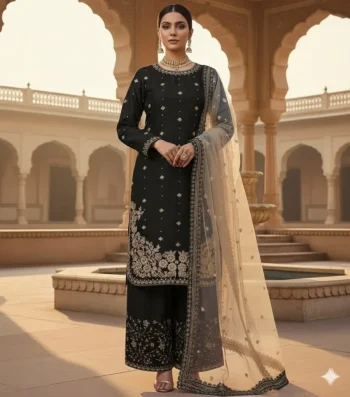 DESIGNER GMY SILK EMBROIDERY  SEQUENCE WITH DIAMOND & MOTI HAND WORK TOP PALAZZO WITH DUPATTA BLACK