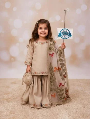 DESIGNER GMY SILK EMBROIDERY SEQUENCE WORK KID'S TOP SHARARA WITH DUPATTA CREAM