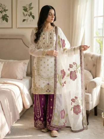 DESIGNER GMY SILK EMBROIDERY SEQUENCE WORK TOP PALAZZO WITH DUPATTA PURPLE AND WHITE
