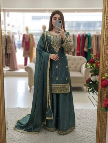 DESIGNER GMY SILK EMBROIDERY SEQUENCE WORK WITH RIVET MOTI WORK TOP PALAZZO WITH DUPATTA TEAL