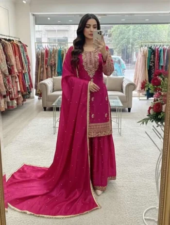 DESIGNER GMY SILK EMBROIDERY SEQUENCE WORK WITH RIVET MOTI WORK TOP PALAZZO WITH DUPATTA PINK