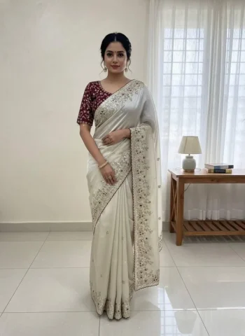 DESIGNER GMY SILK SEQUENCE EMBROIDERY WORK SAREE WITH STITCHED BLOUSE CREAM
