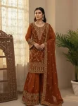 DESIGNER GMY SILK SEQUENCE EMBROIDERY WORK TOP SHARARA WITH DUPATTA FESTIVE WEAR WHOLESALE PRICE ETHNIC GARMENT ORANGE