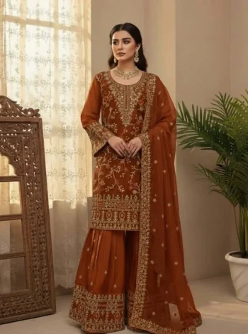 DESIGNER GMY SILK SEQUENCE EMBROIDERY WORK TOP SHARARA WITH DUPATTA FESTIVE WEAR WHOLESALE PRICE ETHNIC GARMENT ORANGE