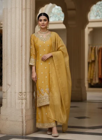 DESIGNER GMY SILK SEQUENCE & ZARI EMBROIDERY WORK TOP PALAZZO WITH DUPATTA  YELLOW