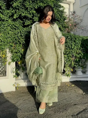 DESIGNER GMY SILK ZARI, THREAD & 5 MM SEQUENCE EMBROIDERY WORK TOP PALAZZO WITH DUPATTA MINT