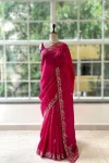 DESIGNER GOLD CRUSH COTTON THREAD EMBROIDERY WITH SEQUENCE & CODING WORK SAREE WITH UNSTITCHED BLOUSE PINK
