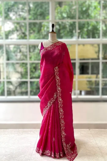 DESIGNER GOLD CRUSH COTTON THREAD EMBROIDERY WITH SEQUENCE & CODING WORK SAREE WITH UNSTITCHED BLOUSE PINK