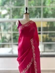 DESIGNER GOLD CRUSH COTTON THREAD EMBROIDERY WITH SEQUENCE & CODING WORK SAREE WITH UNSTITCHED BLOUSE WEDDING WEAR WHOLESALE PRICE ETHNIC GARMENT (15)
