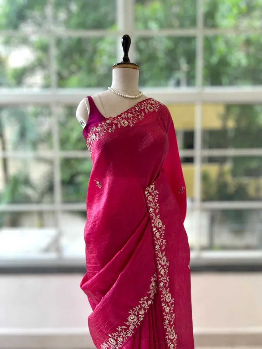 DESIGNER GOLD CRUSH COTTON THREAD EMBROIDERY WITH SEQUENCE & CODING WORK SAREE WITH UNSTITCHED BLOUSE WEDDING WEAR WHOLESALE PRICE ETHNIC GARMENT (16)