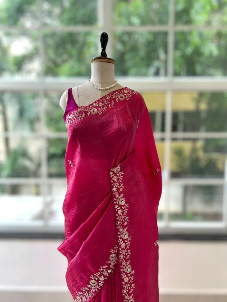 DESIGNER GOLD CRUSH COTTON THREAD EMBROIDERY WITH SEQUENCE & CODING WORK SAREE WITH UNSTITCHED BLOUSE WEDDING WEAR WHOLESALE PRICE ETHNIC GARMENT (20)