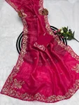 DESIGNER GOLD CRUSH COTTON THREAD EMBROIDERY WITH SEQUENCE & CODING WORK SAREE WITH UNSTITCHED BLOUSE WEDDING WEAR WHOLESALE PRICE ETHNIC GARMENT (15)