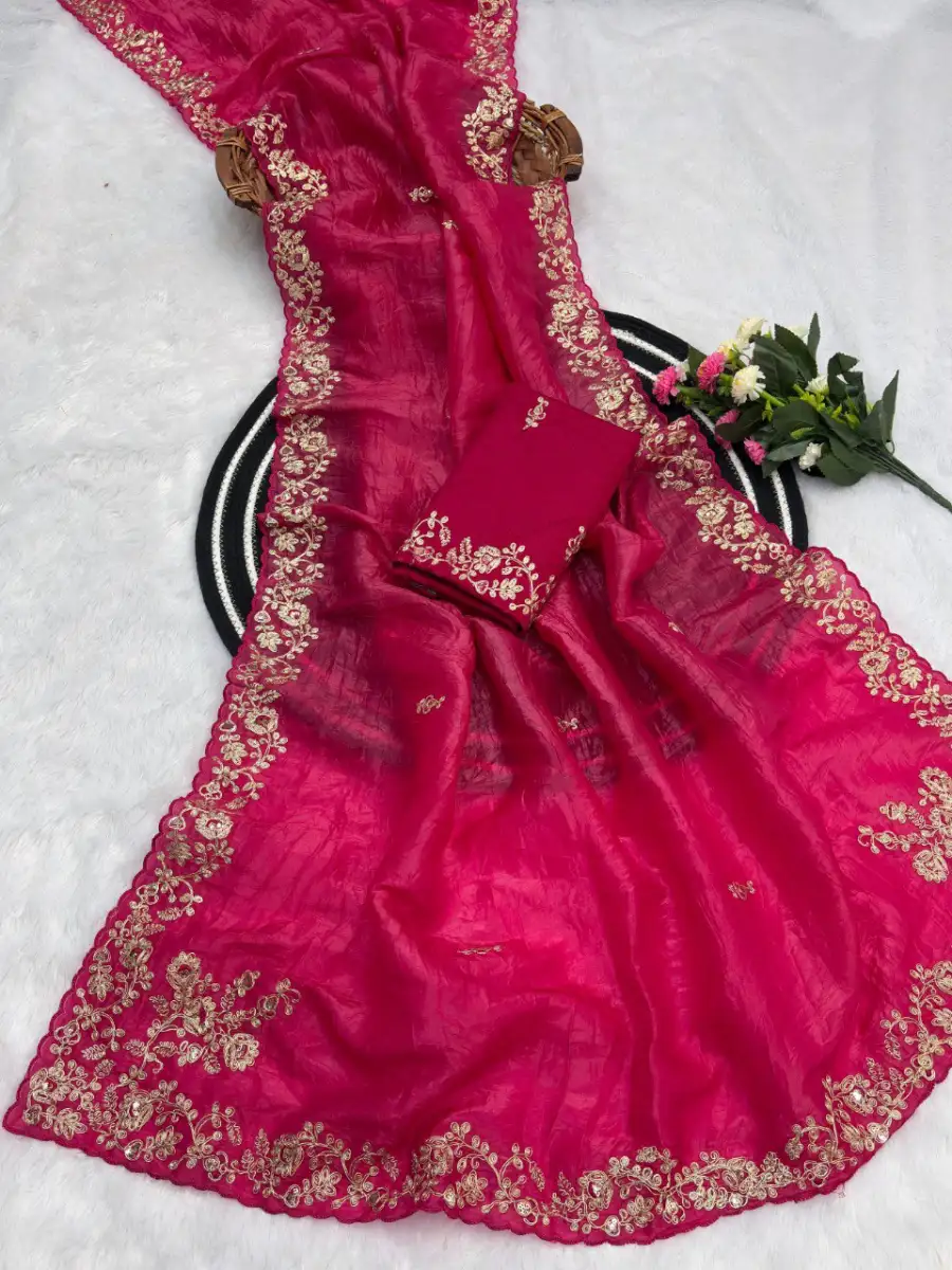 DESIGNER GOLD CRUSH COTTON THREAD EMBROIDERY WITH SEQUENCE & CODING WORK SAREE WITH UNSTITCHED BLOUSE WEDDING WEAR WHOLESALE PRICE ETHNIC GARMENT (21)