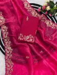 DESIGNER GOLD CRUSH COTTON THREAD EMBROIDERY WITH SEQUENCE & CODING WORK SAREE WITH UNSTITCHED BLOUSE WEDDING WEAR WHOLESALE PRICE ETHNIC GARMENT (15)