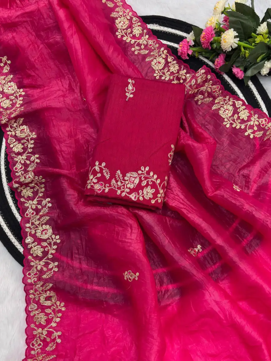 DESIGNER GOLD CRUSH COTTON THREAD EMBROIDERY WITH SEQUENCE & CODING WORK SAREE WITH UNSTITCHED BLOUSE WEDDING WEAR WHOLESALE PRICE ETHNIC GARMENT (22)