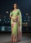 DESIGNER GOLD CRUSH HANDPAINT HANDWORK CUT DANA WORK SAREE WITH UNSTITCHED BLOUSE GREEN