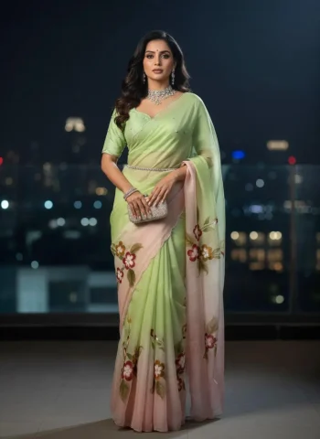 DESIGNER GOLD CRUSH HANDPAINT HANDWORK CUT DANA WORK SAREE WITH UNSTITCHED BLOUSE GREEN