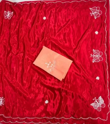 DESIGNER HO SILK HANDWORK CUT DANA BORDER WORK SAREE WITH UNSTITCHED BLOUSE RED