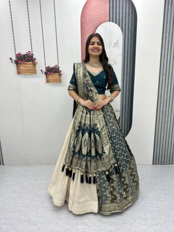 DESIGNER JACQUARD SILK FANCY MOTI WORK LEHENGA CHOLI WITH DUPATTA TEAL