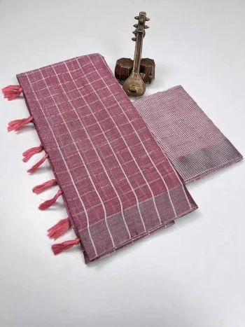 DESIGNER LINEN COTTON SOLID EXTRA WORK ZALAR SAREE WITH UNSTITCHED BLOUSE PINK