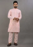 DESIGNER LINEN COTTON THREAD WORK MEN'S KURTA PAYJAMA BABY PINK