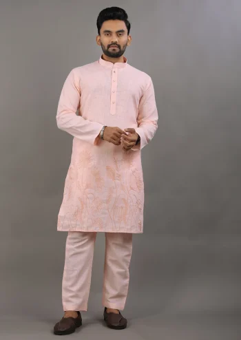 DESIGNER LINEN COTTON THREAD WORK MEN'S KURTA PAYJAMA BABY PINK