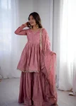 DESIGNER MAL CHANDERI REAL MIRROR WITH HANDWORK TOP SHARARA WITH DUPATTA BABY PINK
